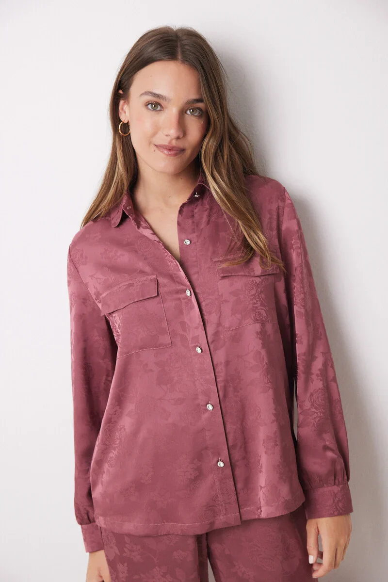 Pink satin jaquard shirt pajamas - Image 3