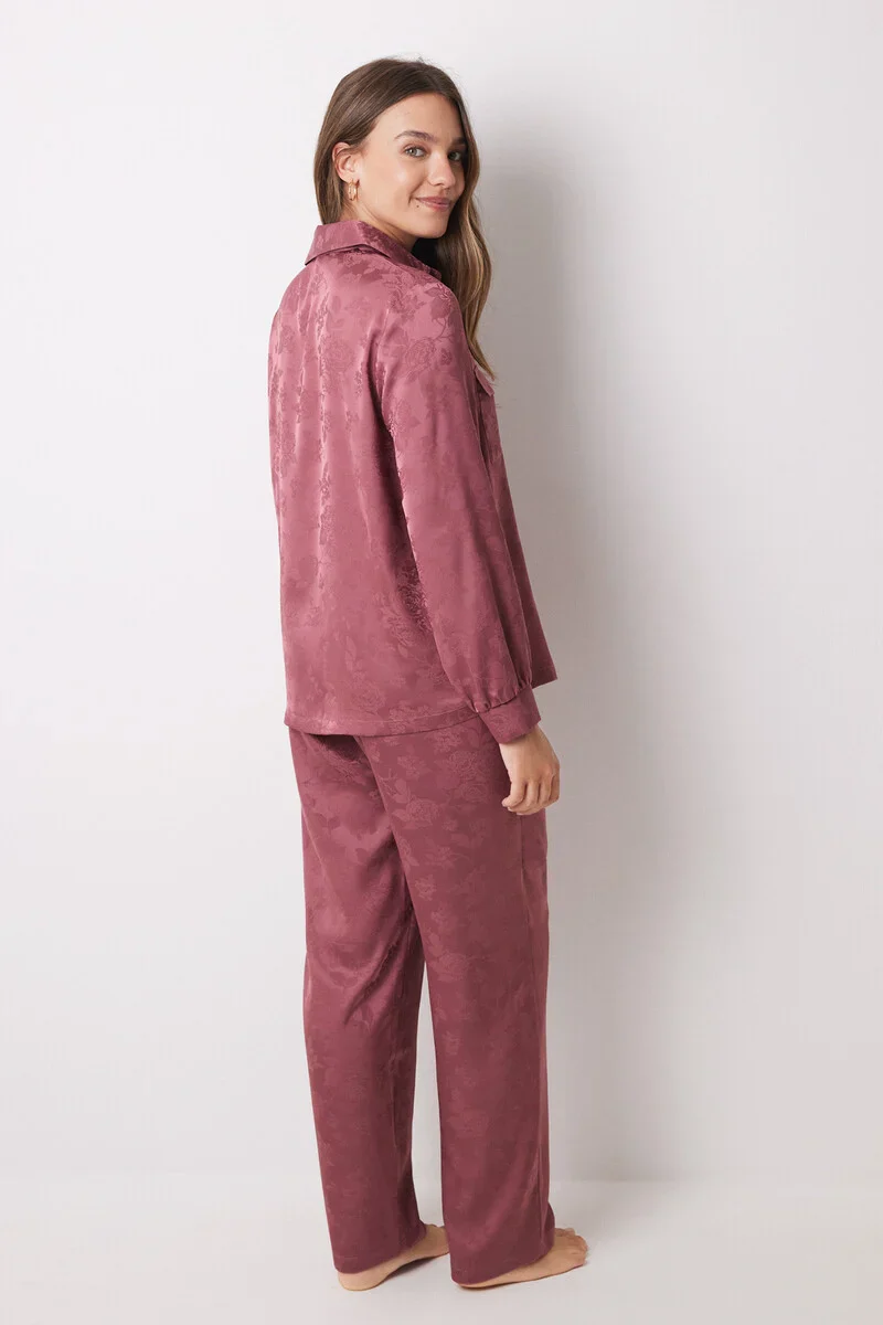 Pink satin jaquard shirt pajamas - Image 4