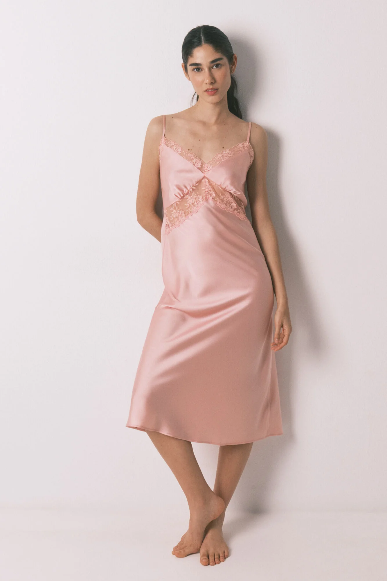 Pink satin and lace midi nightgown