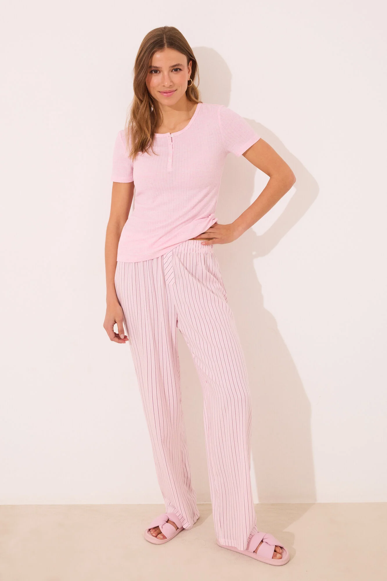 Pink striped ribbed viscose pyjamas