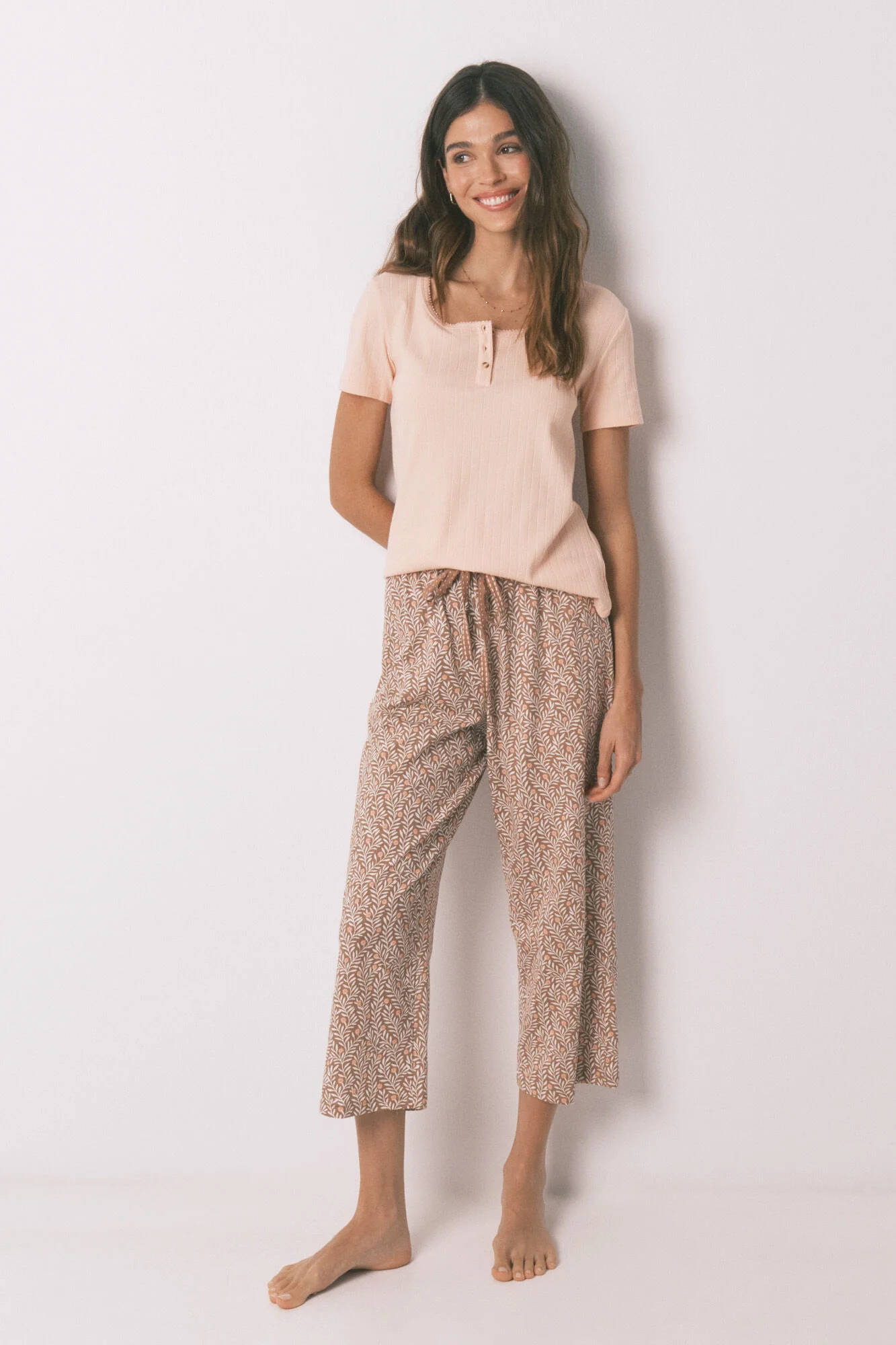 Pink yellow cotton print capri pyjamas