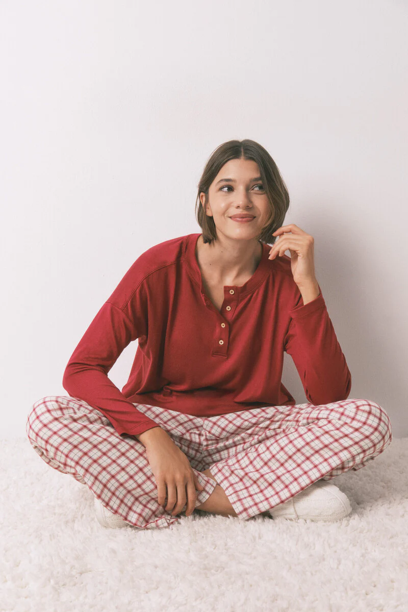 Red suede long sleeve jersey-knit T-shirt