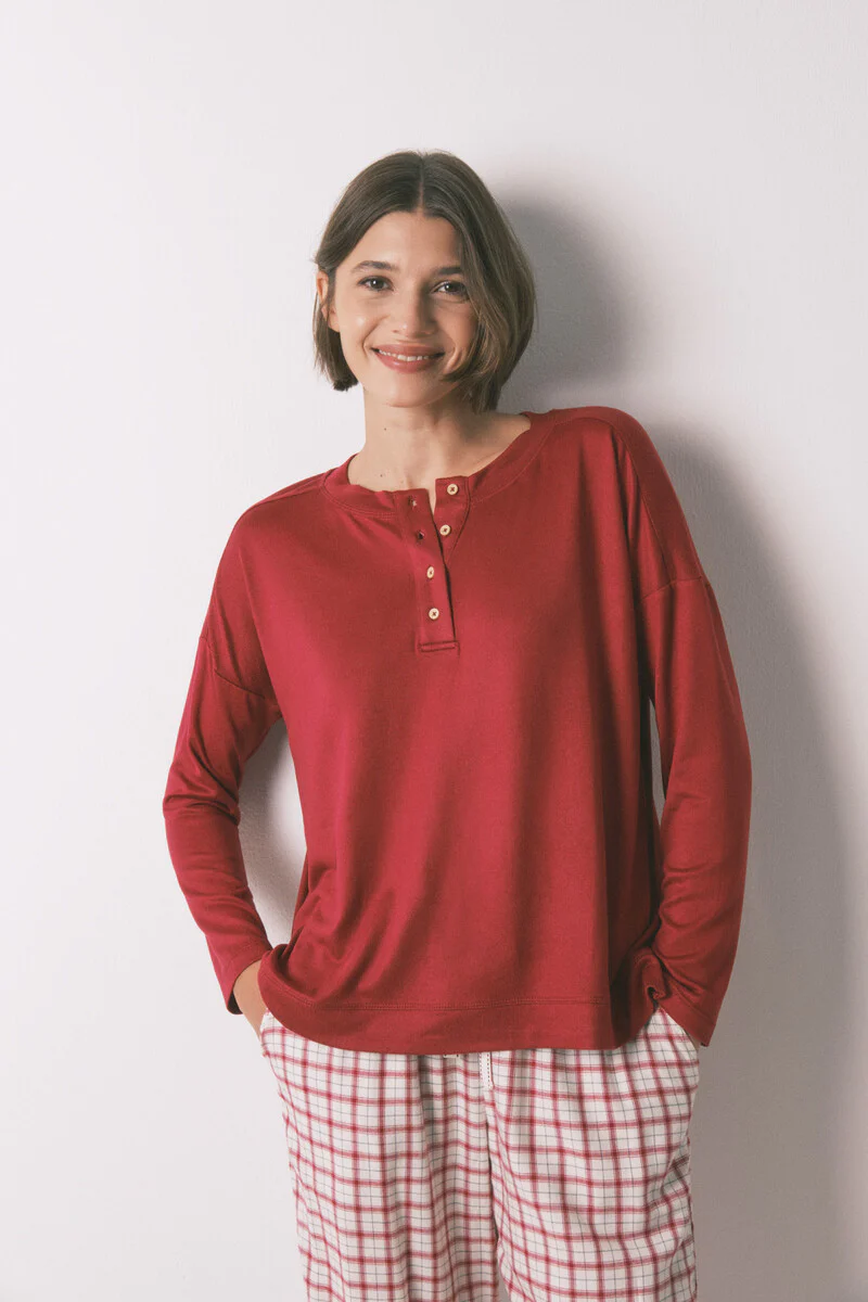Red suede long sleeve jersey-knit T-shirt - Image 2