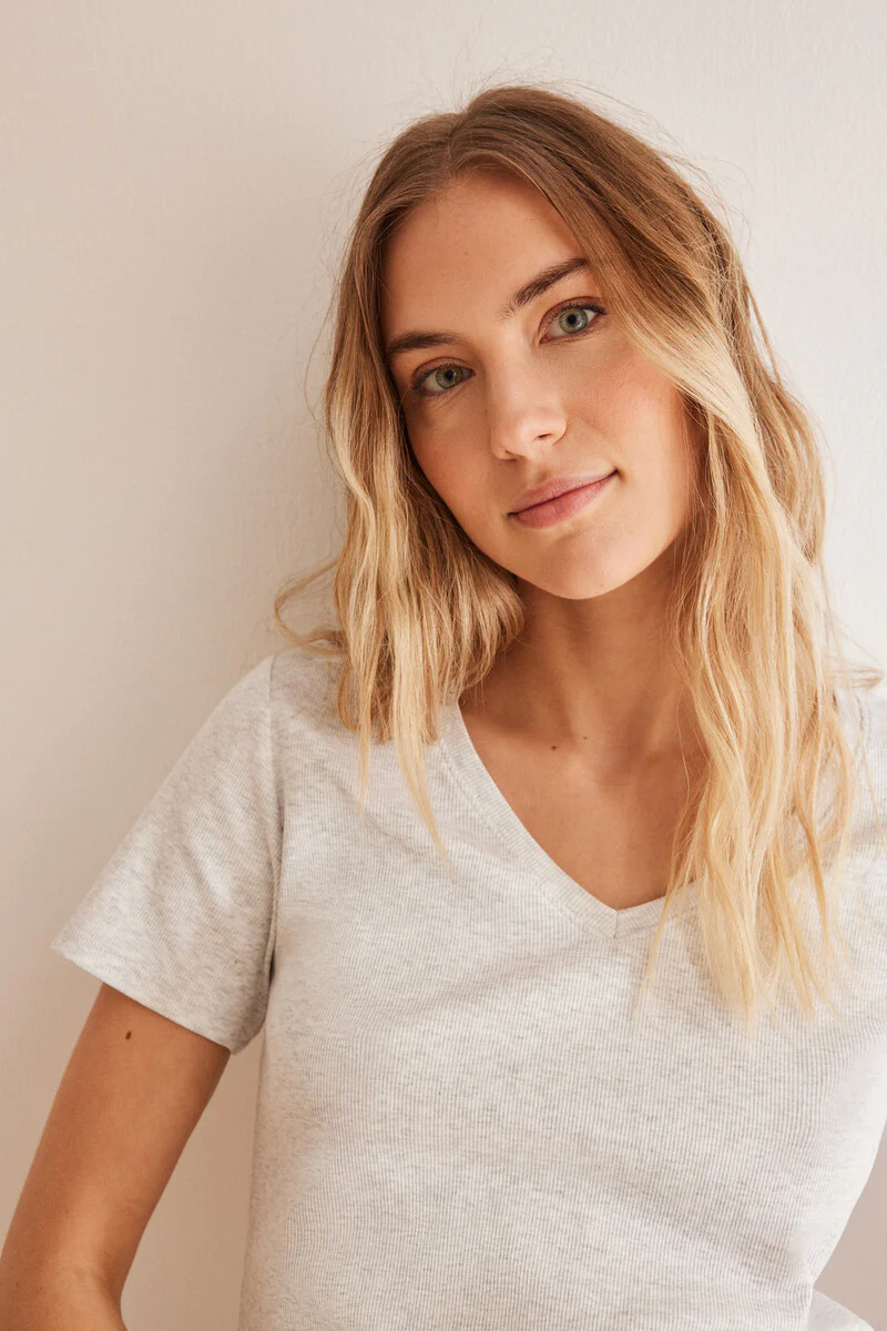 Ribbed grey short-sleeved T-shirt - Image 2