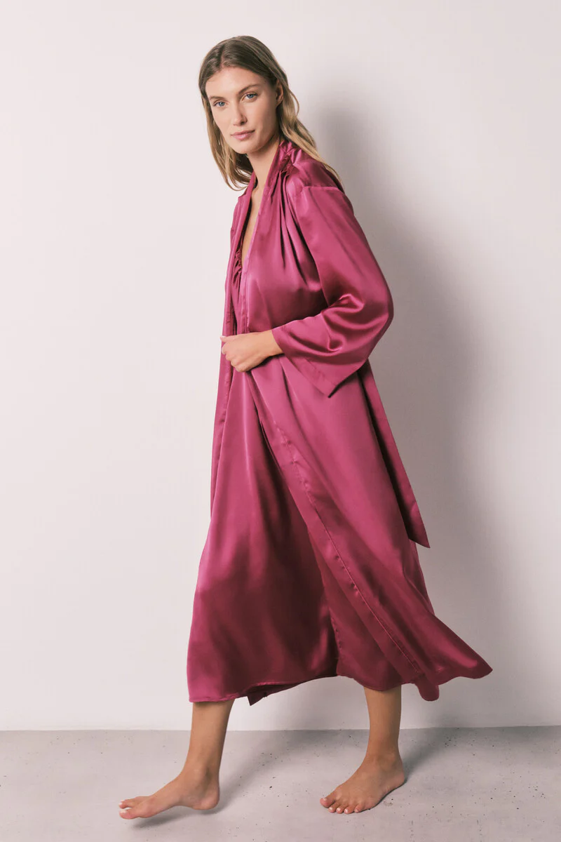 Satin-finish long ruffled robe