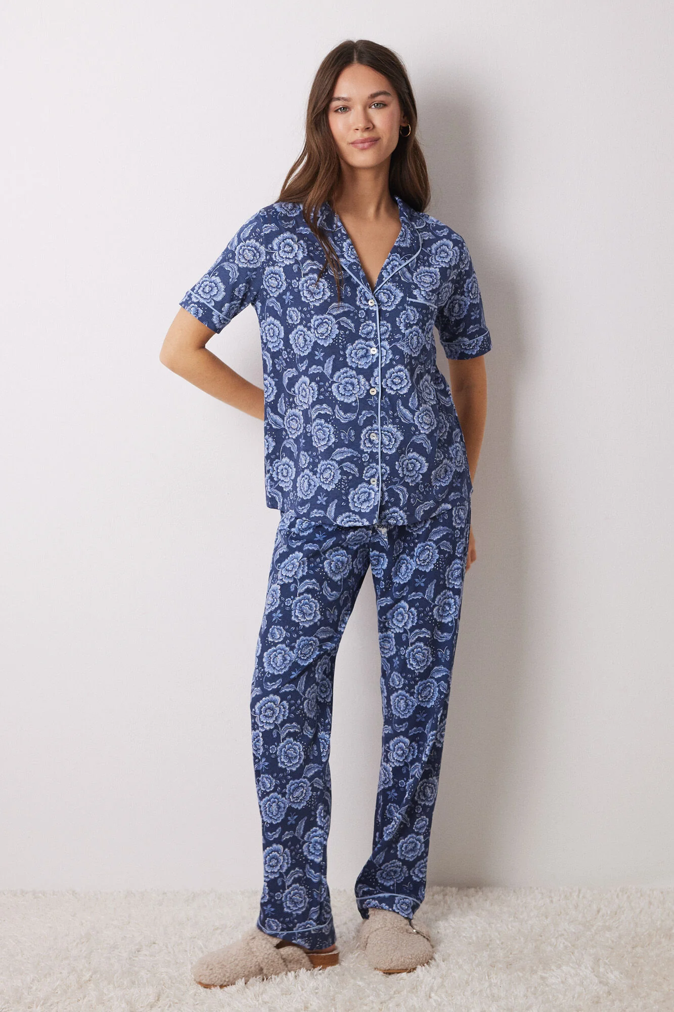Short sleeve cotton shirt pajamas with long trouser