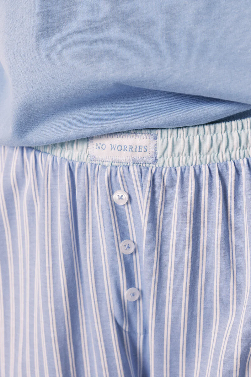Short-sleeved cotton pajamas with blue striped pants - Image 3