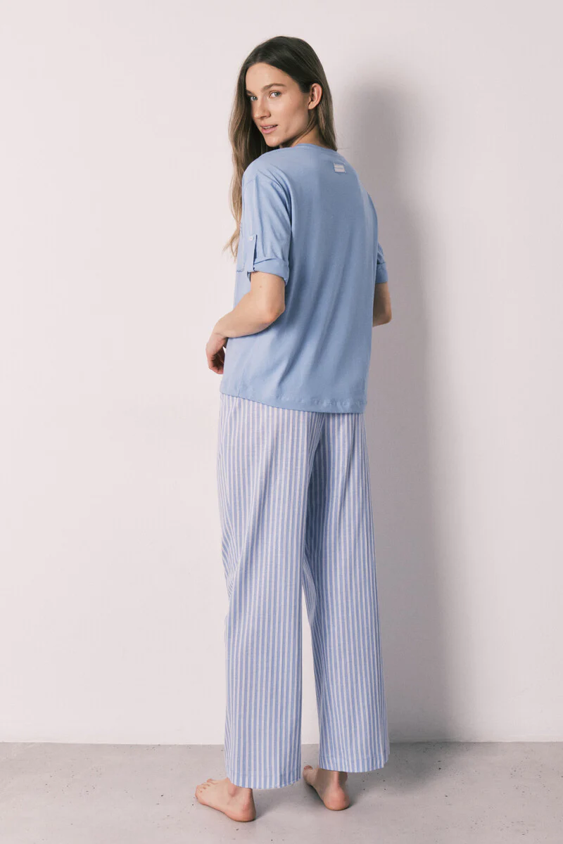 Short-sleeved cotton pajamas with blue striped pants - Image 5