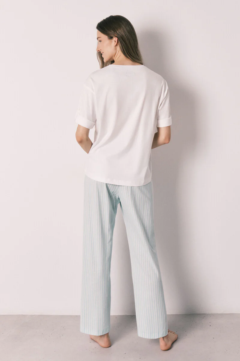 Short-sleeved cotton pajamas with green striped pants - Image 5