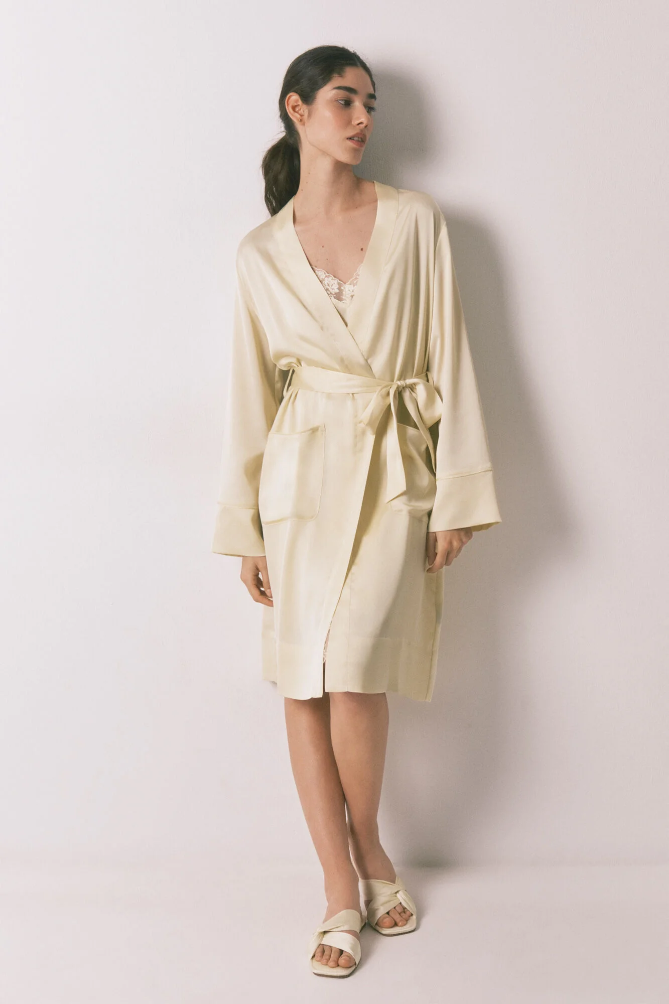 Short yellow satin robe