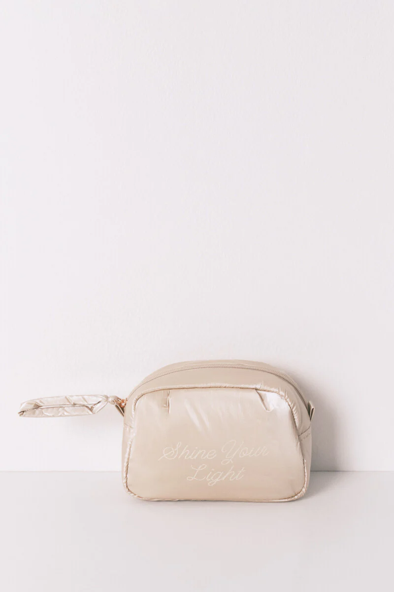 Small pink satin-finish puffer vanity case
