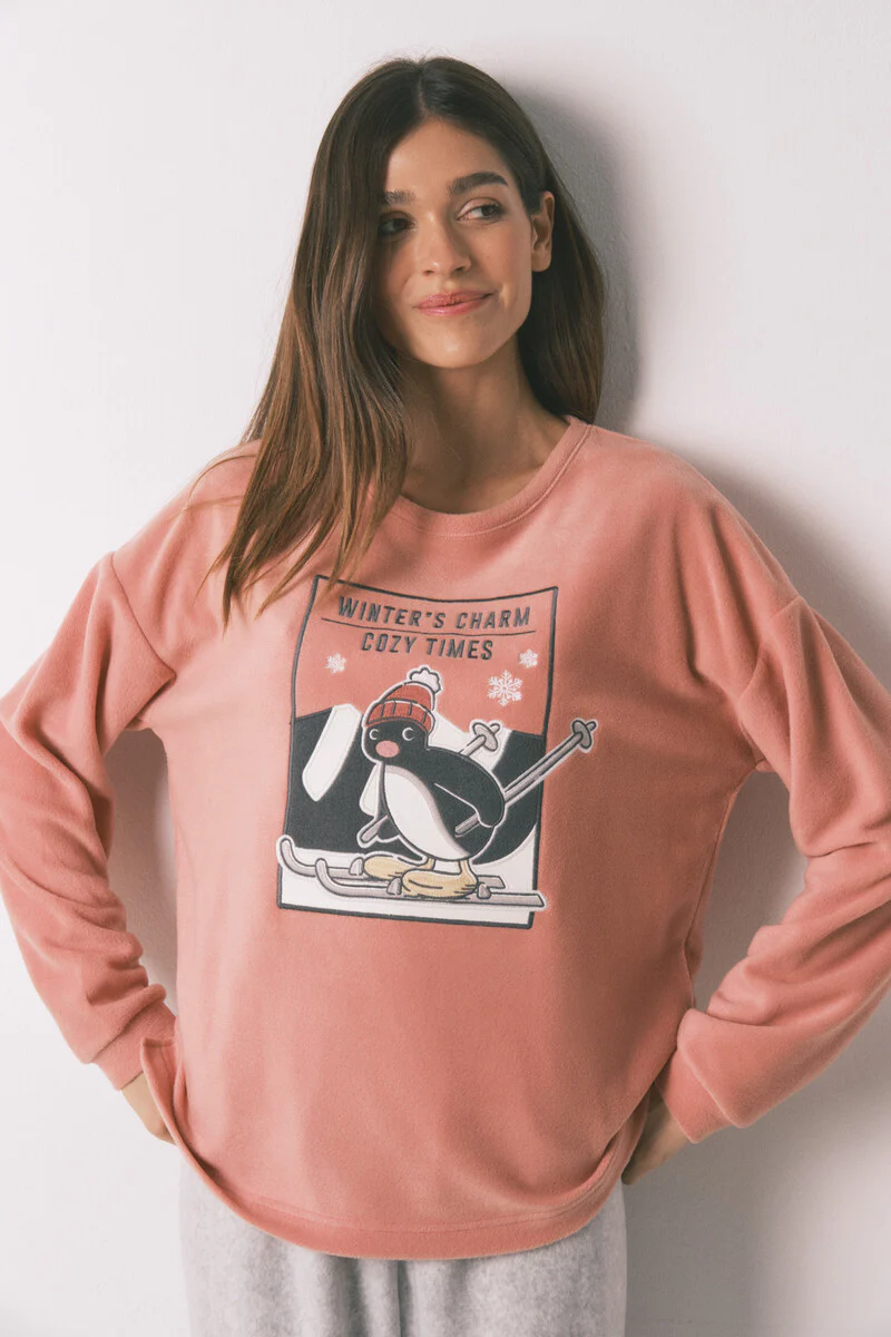 Soft pink and grey fleece long pyjamas Pingu - Image 3