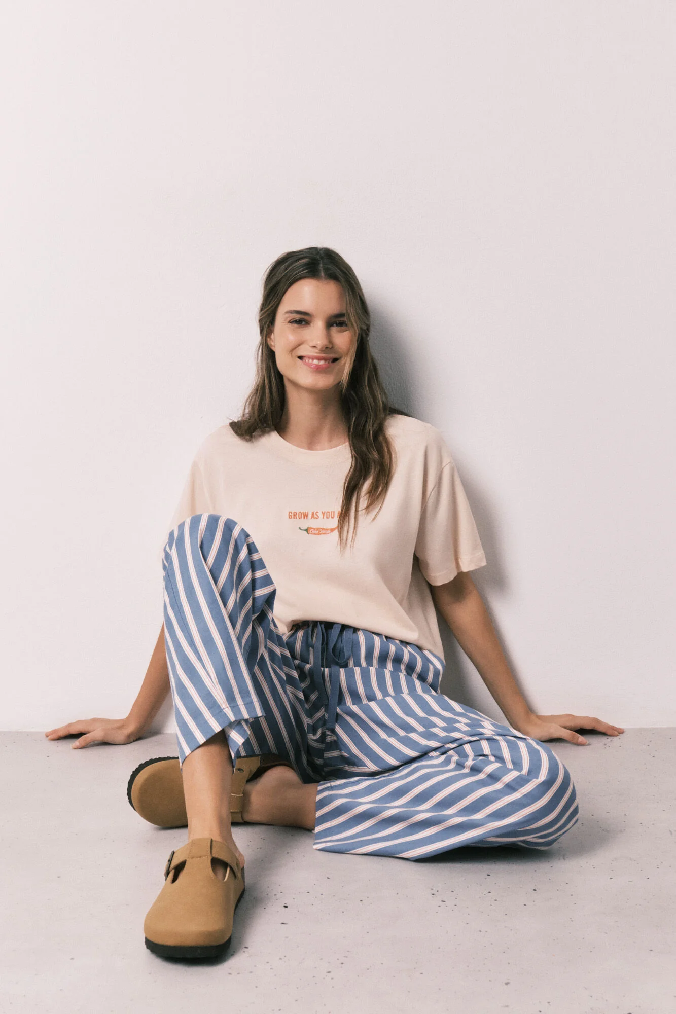 Viscose long trousers with striped print