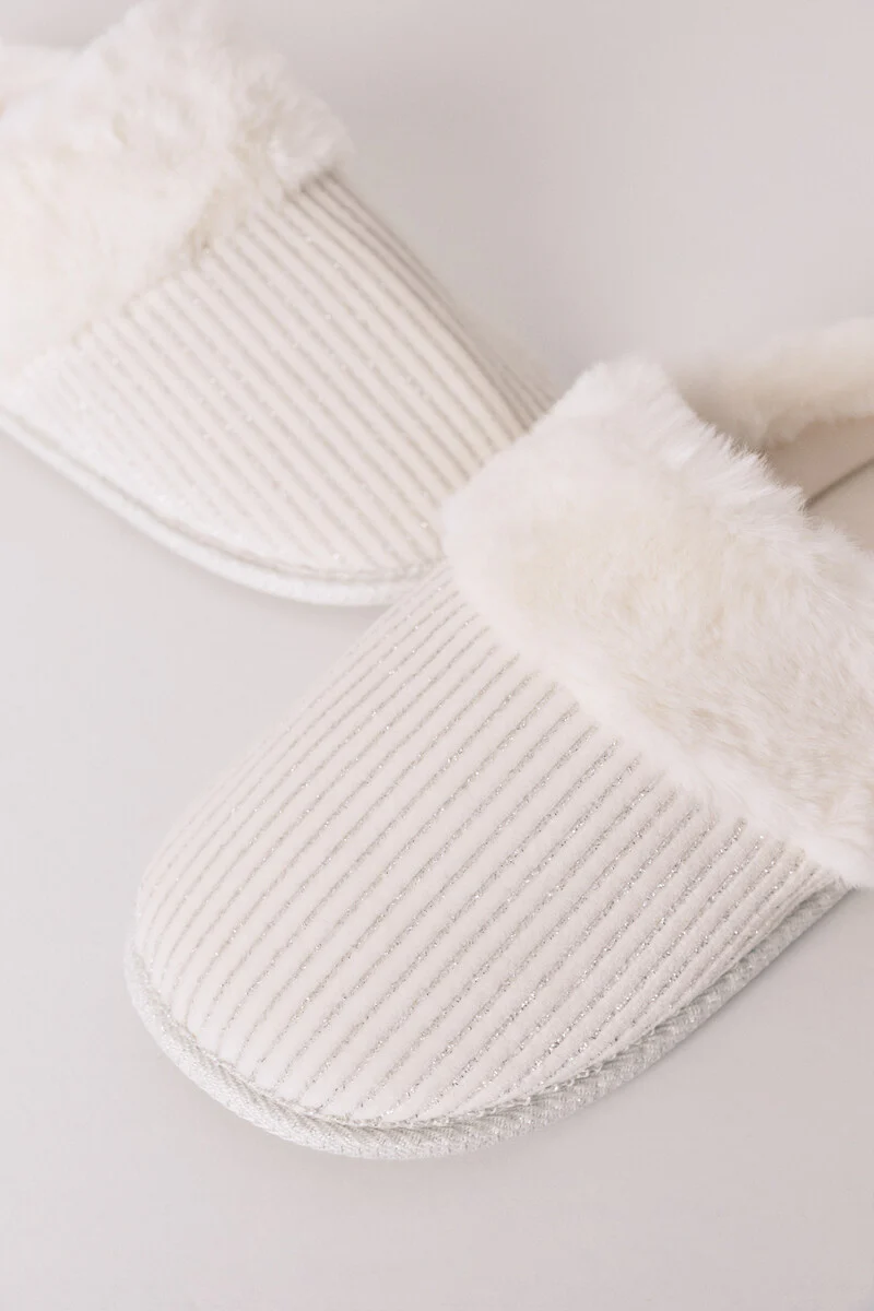White lurex fur ribbed slippers - Image 3