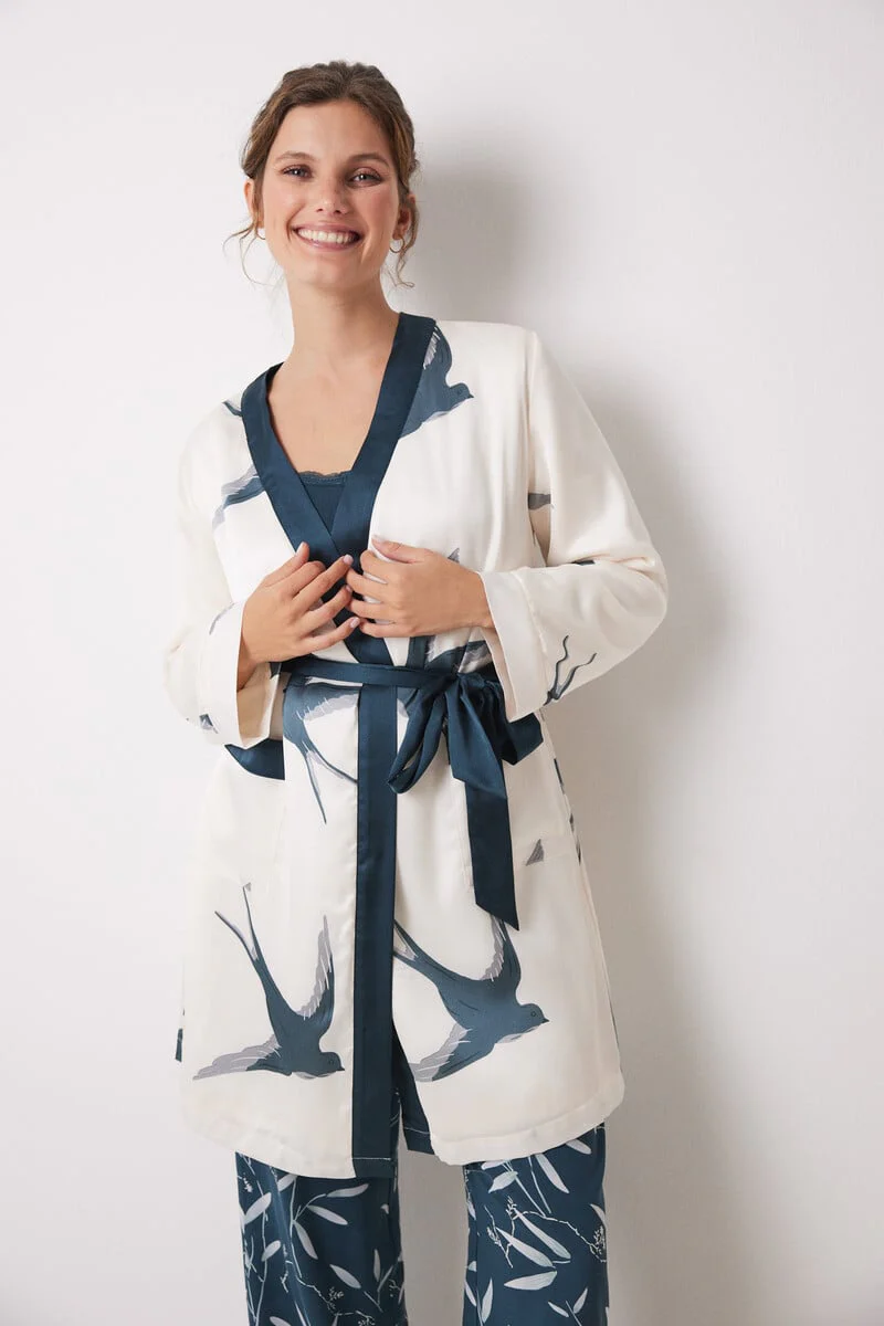 Bird print satin midi robe - Image 2