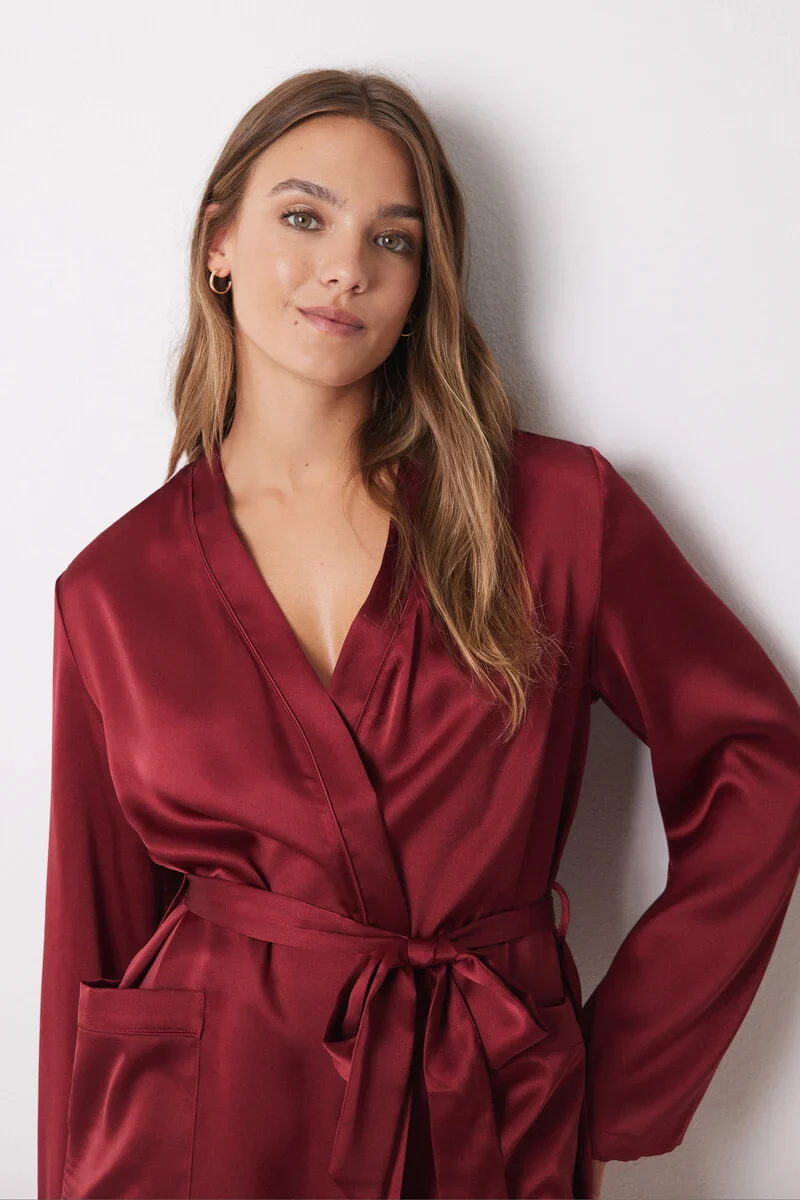 Burgundy midi satin robe - Image 3