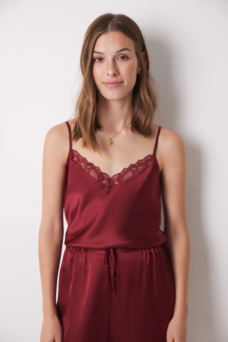 Garnet satin robe, top and pyjamas trouser set - Image 2