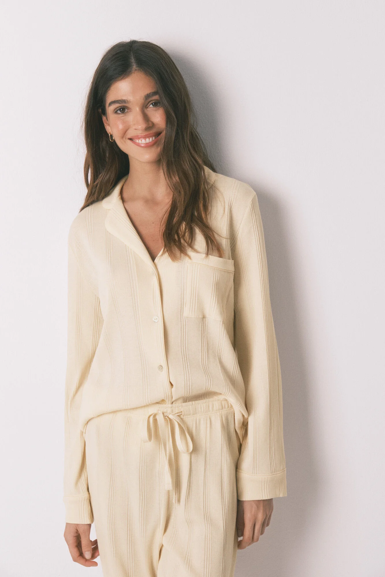 Yellow ribbed cotton classic long pyjamas - Image 2
