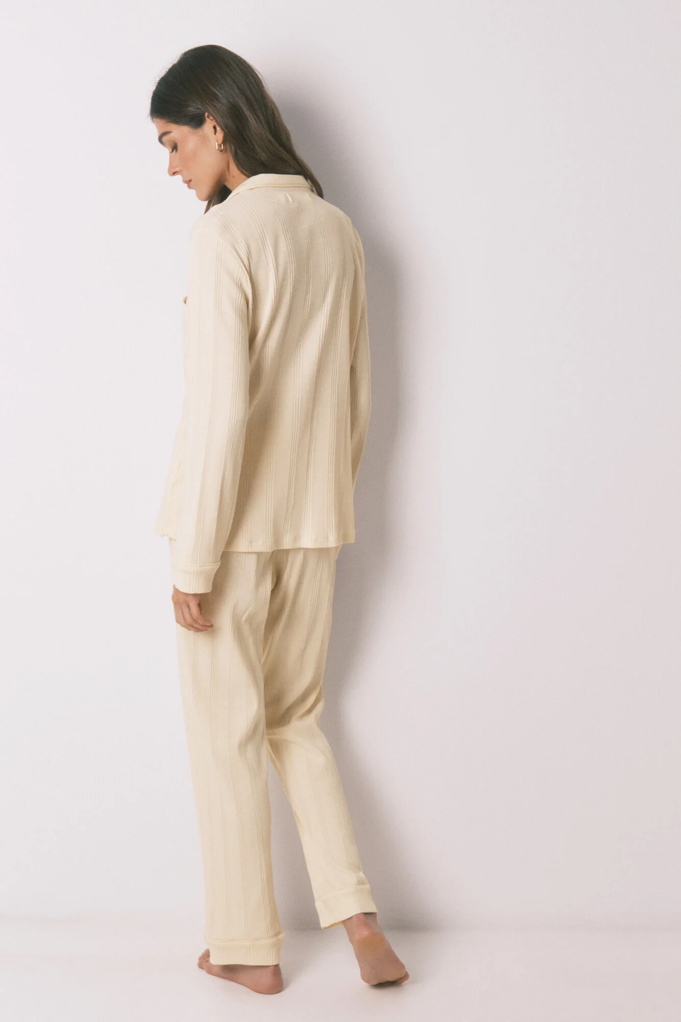 Yellow ribbed cotton classic long pyjamas - Image 4