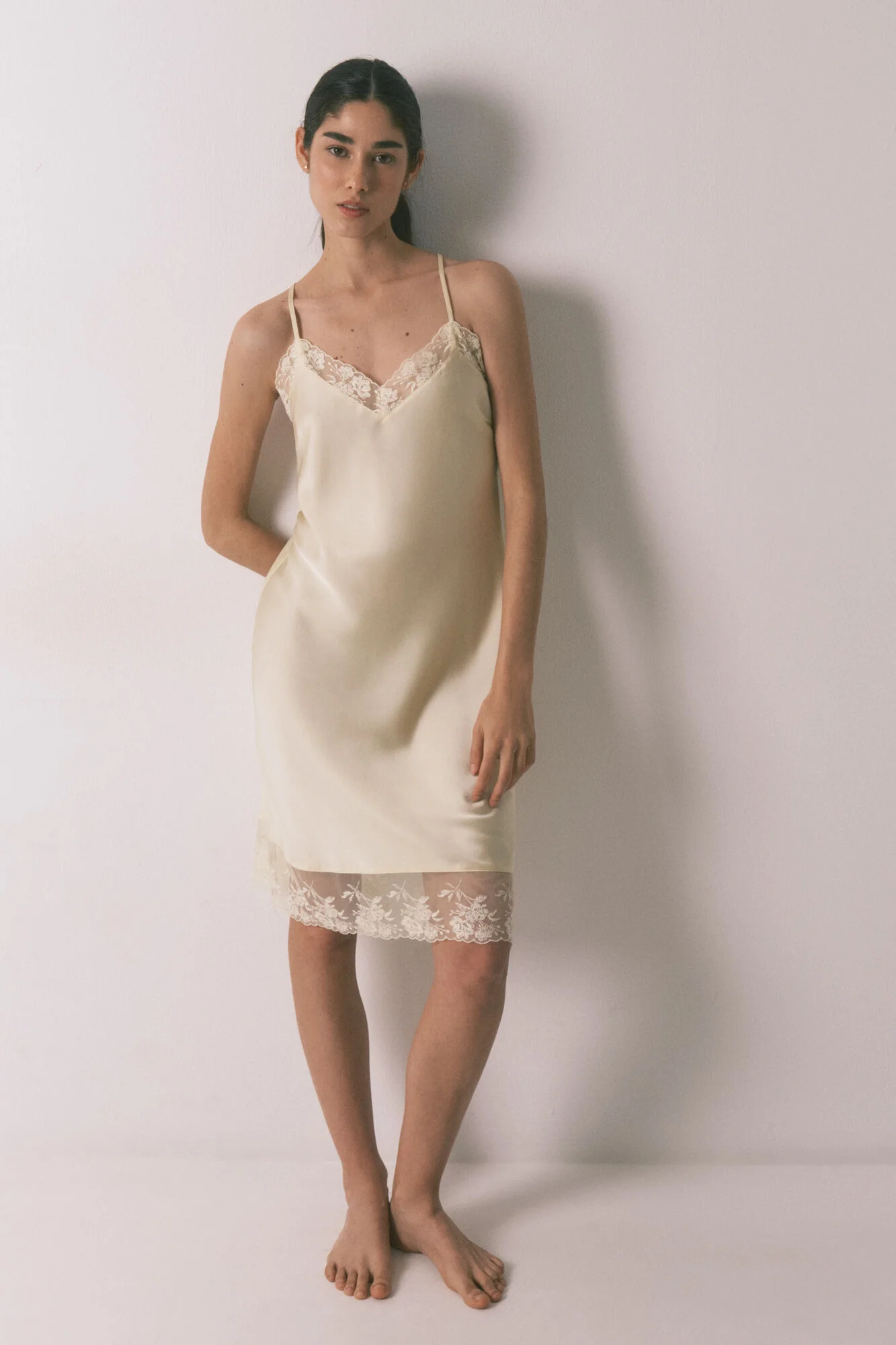Yellow satin and lace short nightgown